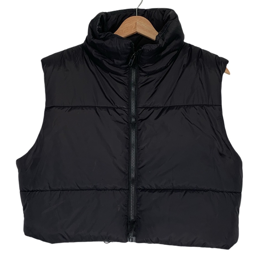 Black Cropped Puffer Vest Size XS High Collar Full Zip Front